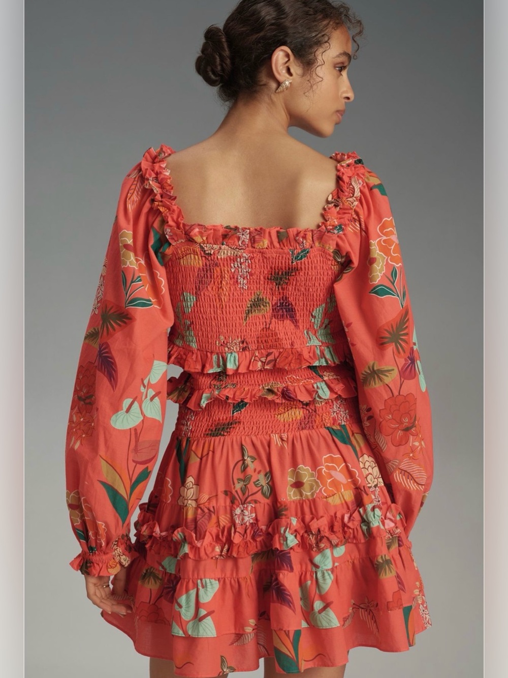 💜 Farm Rio x Anthropologie Floral Smocked Mini Dress – Coral Pink | Size L